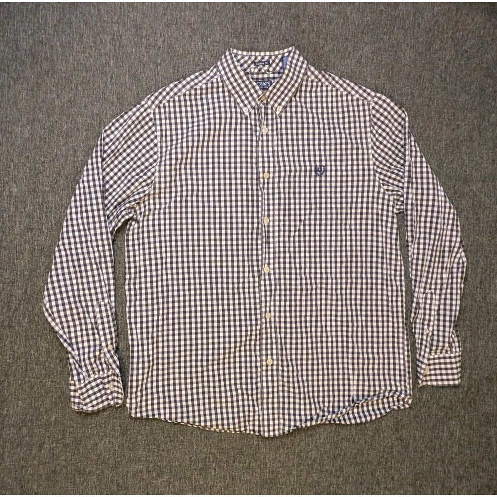 Chaps Men's Embroidered Logo Large Blue/White/Gray Plaid Long Sleeve Shirt